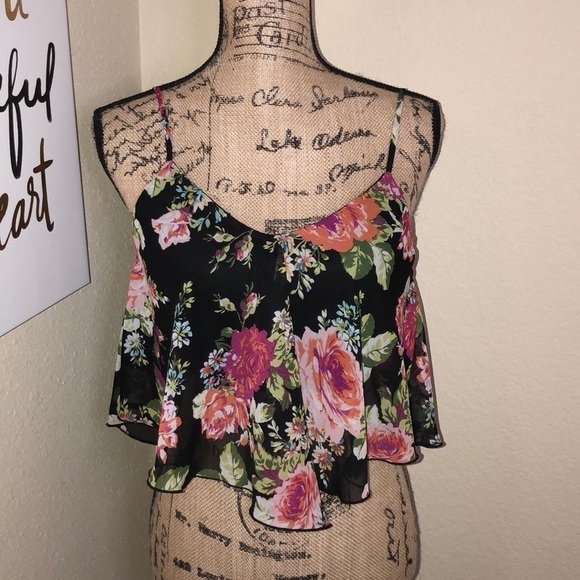 Wet Seal Black & Multicolored Floral Crop Tank Top Size Medium - Picture 1 of 4
